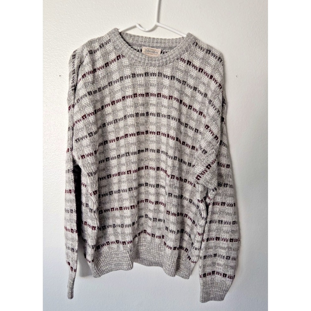 St Johns Bay Mens Sweater XL Gray Striped Vintage Crew‎ Neck Grandpa